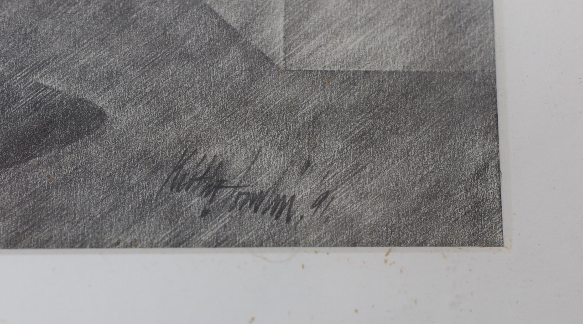 Contemporary pencil, filmset, figure with umbrella and ostrich, indistinctly signed and dated, possibly Keith Tomlin, ‘91, 71cm x 49cm